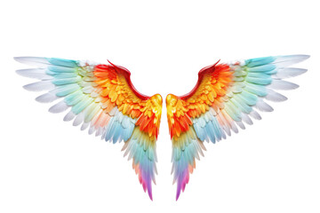 Fototapeta premium A single pair of angel devil wings spread in a full-body stance, exhibiting hues of pastel contrasted with vibrant colors, isolated with meticulous precision on a stark white background, high-quality