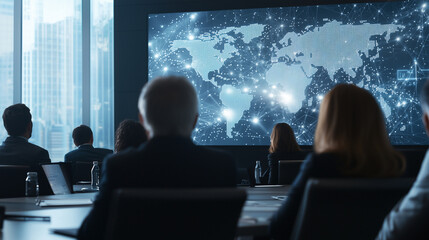 diverse group of global investors in a modern boardroom, with a digital map showing international market trends influenced by American stocks on a big screen, highlighting cross-bo