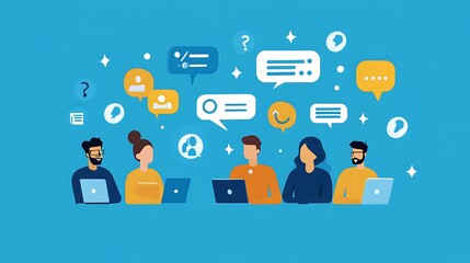 A group of people are sitting at a table with laptops in front of them. They are surrounded by speech bubbles with icons and symbols, representing ideas, thoughts, and communication.