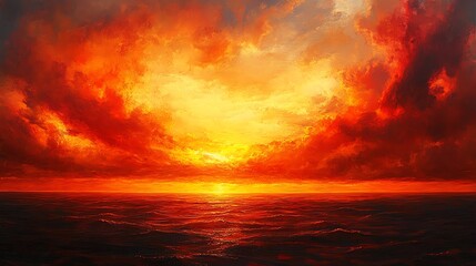Stunning sunset over the ocean, with vibrant orange and red clouds illuminating the horizon, creating a serene and picturesque seascape.