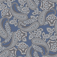 Paisley vector seamless design featuring stunning flowers and leaves in a batik-inspired style. Vintage backdrop