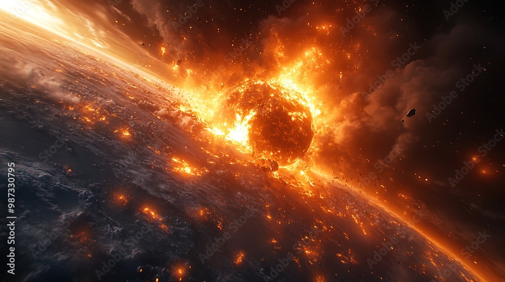 Sticker a fiery asteroid collides with a planet, creating a massive explosion and widespread destruction.