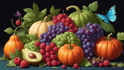 abstract illustration of different colorful fruits and vegetables arranged together with butterflies around them
