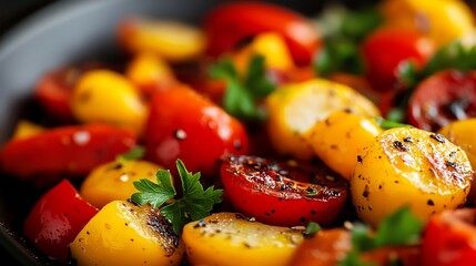 Juicy roasted vegetables in a balsamic glaze, vibrant colors, healthy and flavorful side dish
