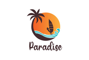 palm tree boat logo element, Palm tree with sun and boat icon of summer and travel logo vector illustration - Paradise logo