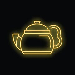 Yellow neon sign of a steaming teapot, isolated on black background