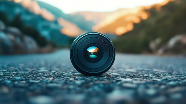 A camera lens sits on a gravel road with blurry mountains in the background.