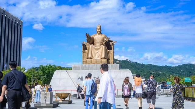 Seoul, South Korea: September 22, 2024: The statue of King Sejong the Great, situated at Gwanghwamun Square, towers against the beautiful night sky as an important landmark of South Korea.