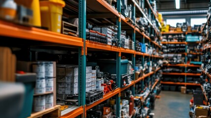 Fototapeta premium Warehouse Storage Shelves Filled with Various Items