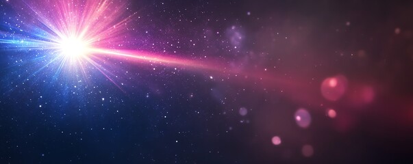 Vibrant space scene with a bright star emitting colorful light rays and lens flares in a starry galaxy background.