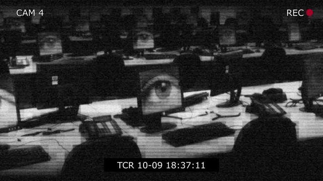 Glitchy panning CCTV footage of a huge room of computers with large eyes on the monitors; surveillance, big brother, watching you, control, paranoia