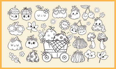 Groovy Retro Autumn Pumpkin Coloring Image Page Clipart Set with Fall Vibe Doodle Outline Elements