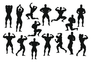 A set of 15 bodybuilders silhouettes in different poses