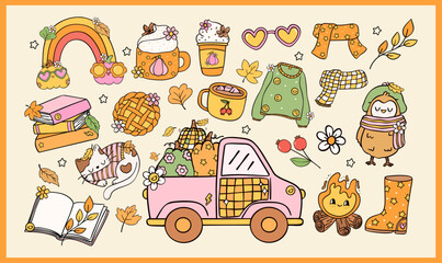 Groovy Retro Fall Vibe Cozy Autumn Pumpkin spice Cartoon Doodle Clipart Element Set