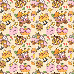 Retro Groovy Cozy Autumn Fall Harvest vibe doodle Seamless Pattern background