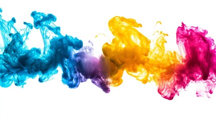 Vivid abstract ink in water, colorful paint explosion. Red, yellow, and blue color burst in liquid creating fluid art background.
