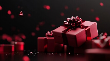red gift box with a bow sits prominently, surrounded by other gifts. The image captures an elegant and festive atmosphere, with red elements subtly scattered around against a dark backdrop