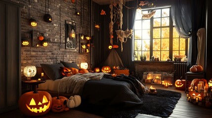 A bedroom decorated for Halloween with a bed, pumpkins, candles, and a window with a view of autumn leaves.