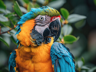 Fototapeta premium A vibrant blue and yellow macaw with a curious expression, perched on a branch. Birds. Wildlife Animals.
