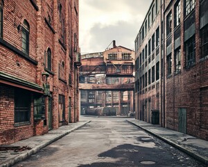 Fototapeta premium Dilapidated brick buildings line an empty alleyway in an abandoned industrial area.