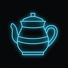 Blue neon sign of a teapot glowing on black background, concept for tea time, cafe or restaurant