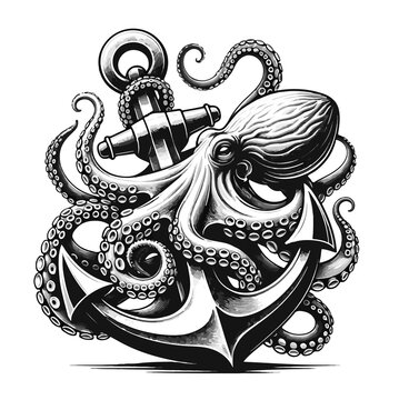 Illustrazione in bianco e nero di un polpo avvolto intorno a un'ancora. Generative AI