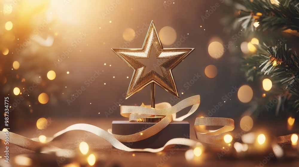 Wall mural Golden star trophy on a podium with ribbon elements and glittering light effects, surrounded by bokeh lights