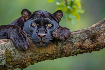 A black panther rests peacefully on a tree branch in a lush forest, showcasing its majestic features amidst vibrant greenery