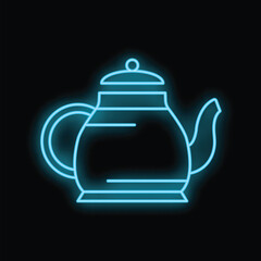 Blue neon sign in the shape of a teapot, glowing on a black background