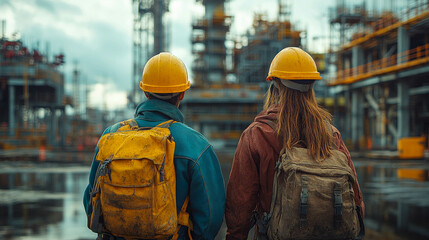 A group of workers in yellow helmets and jackets walking toward an industrial plant on a cloudy day