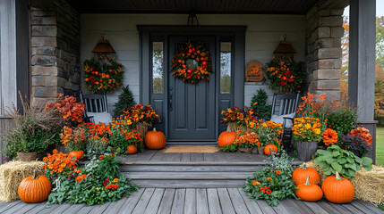 Charming autumn porch adorned with vibrant pumpkins, colorful flowers, and seasonal decorations, creating a festive atmosphere.