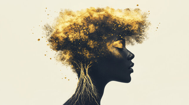 imagine a black woman transforming into a tree, golden skin shining like molten gold, roots bursting forth, becoming a majestic black tree. Surreal, dreamlike, earthy tones.