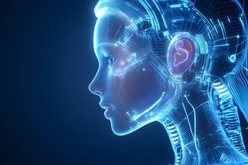 A blue blueprint of an AI female humanoid, glowing with energy and lines, in profile view. The background is dark blue