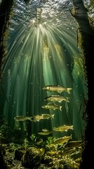 Obraz premium Underwater portrait featuring serene marine life with sunlight shining through the water.