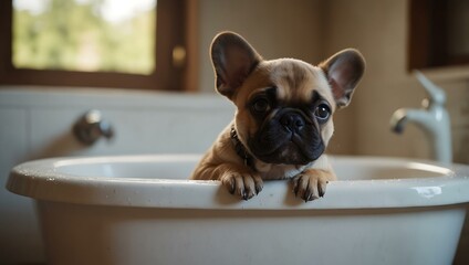 An adorable French Bulldog puppy in a white bathtub.