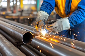 A worker is welding steel pipes in the factory, creating sparks and light. The setting includes an industrial environment with multiple steel pipelines stretching across the frame