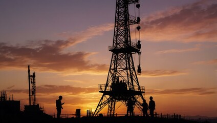 An engineer silhouetted against a pastel sunset directing a crew.