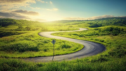 A winding road through a lush landscape, symbolizing the journey to success, with inspirational signposts along the way, bright blue sky