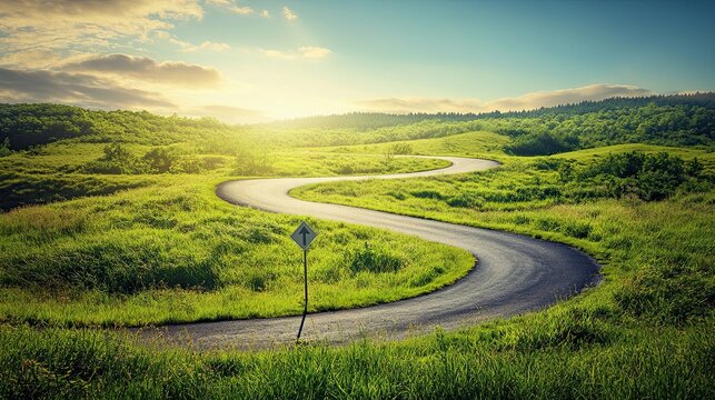 A winding road through a lush landscape, symbolizing the journey to success, with inspirational signposts along the way, bright blue sky