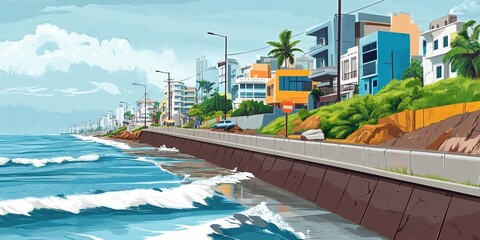 A bustling coastal city road lined with colorful modern buildings, palm trees, and greenery, with waves crashing against the seawall under a bright sky