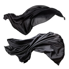 Naklejka premium Black silk satin cloth fabric floating in the air artwork design PNG transparent background