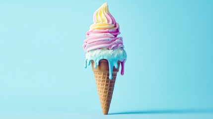 Soft serve ice cream cone melting and dripping on a light blue background, colorful and playful design