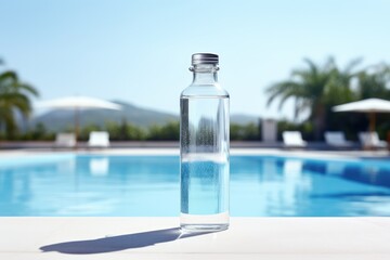 Fototapeta premium A clear water bottle perched precariously on the edge of a swimming pool, capturing the essence of summer