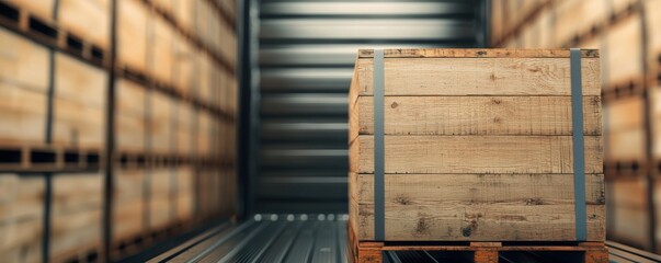 A wooden crate sits on a pallet inside a storage container, surrounded by shelves lined with wooden boxes, suggesting an organized storage space.