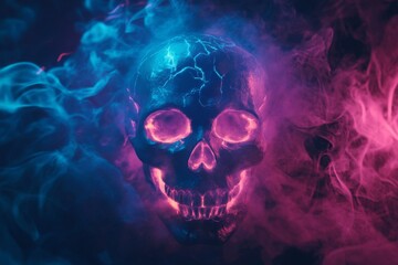 Fototapeta premium Glowing Human Skull in Blue and Pink Smoke