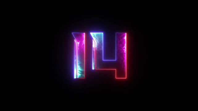 Glowing neon numeric number 14 animation. 4 color neon futuristic effect. Trendy glow lighting. 4K video animation