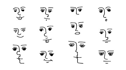 Set of hand drawn liner pen faces. Stares and glances of cartoon characters.