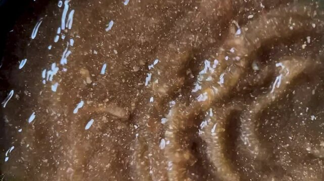 A close-up of brownish sludge inside an electric water tank, showing particles and debris floating within it. The focus is on the texture and presence of tiny stones or sand grains visible.