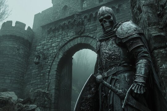 A Skeletal Knight Stands Guard at a Stone Archway