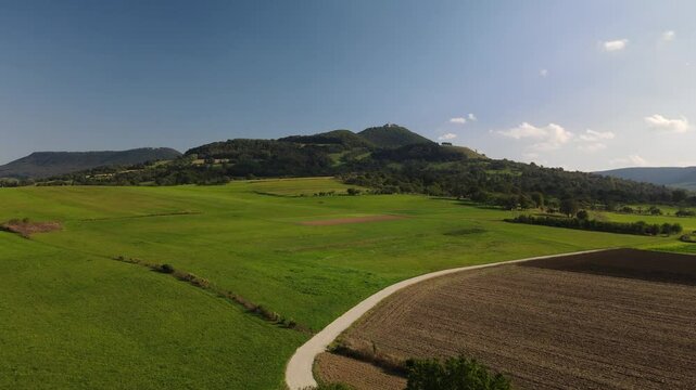 A flight above Dettingen Teck towards the Castle Teck which is located high above the mountain 